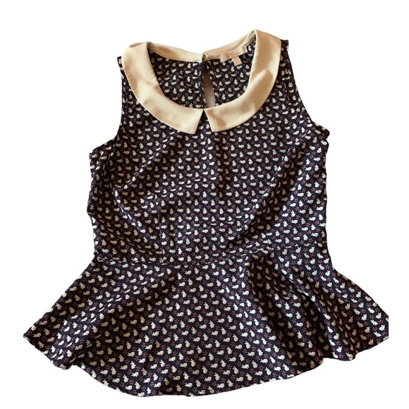 Bunny Print Peplum Peter Pan Collar Top - Picture 1 of 4
